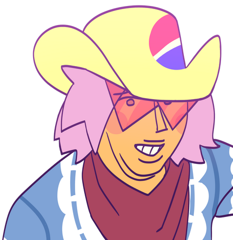 edited a meme of a guy smiling while crying in a cowboy hat as one of my oc's